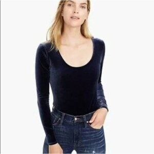 NEW J Crew Womens Small Navy Velvet Long Sleeve Scoop Neck Bodysuit Stretch Top